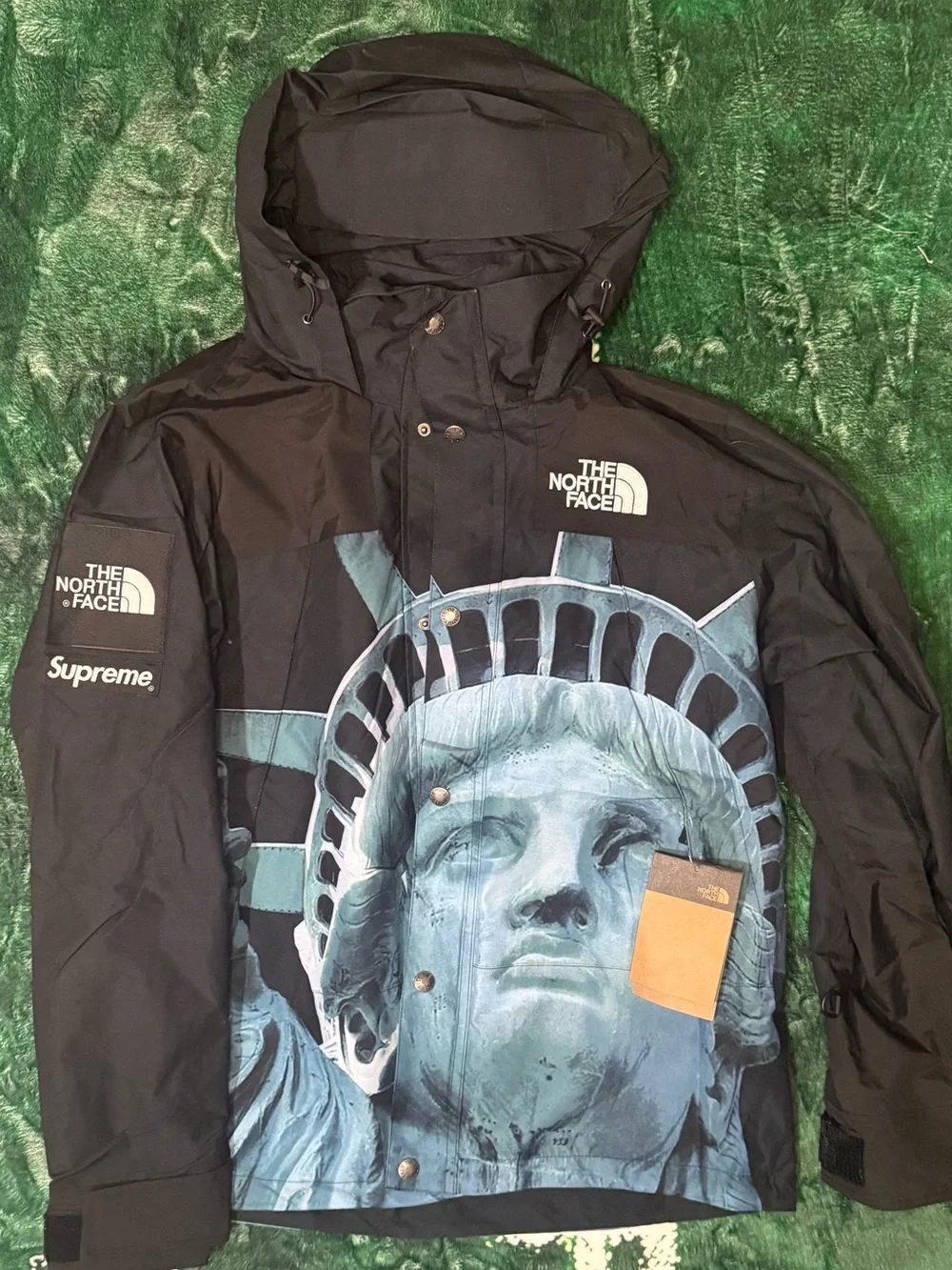 The North Face Black Hooded Jacket with Blue Statue of Liberty Graphic